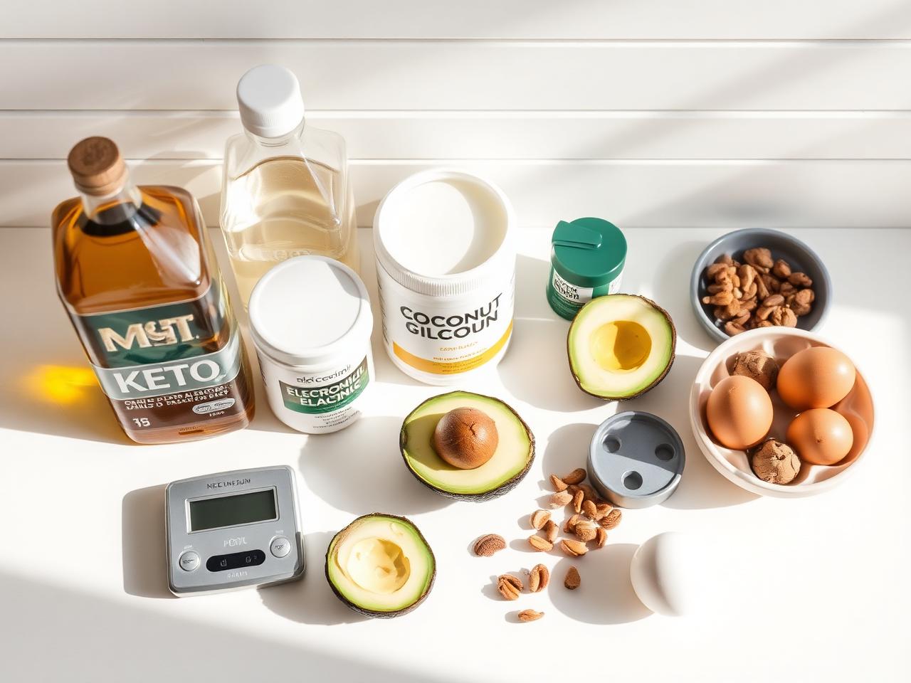 Keto-produkter: MCT-olja, kokosolja, elektrolyter, magnesium och köksvåg på ljust köksbord