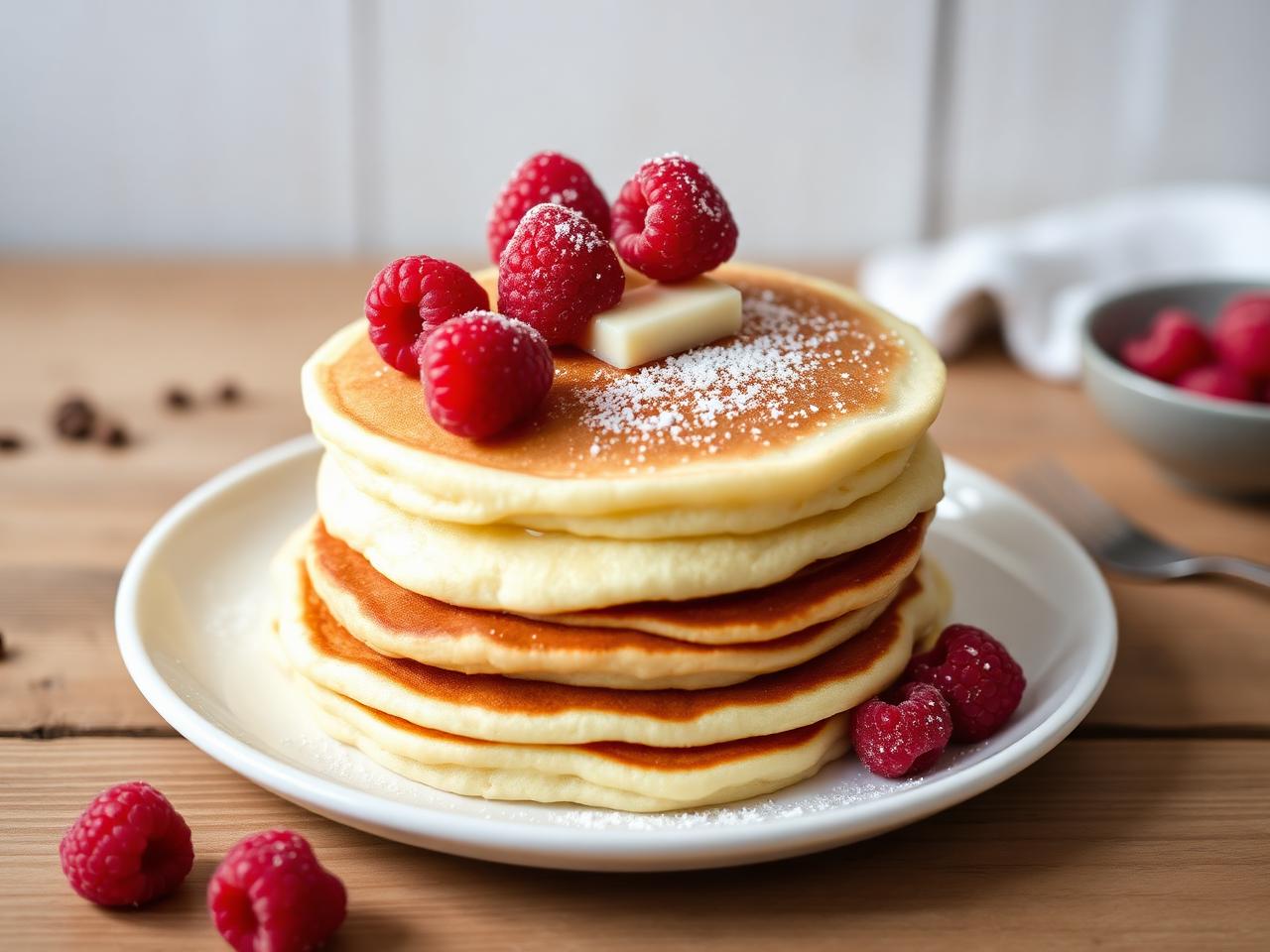 LCHF pannkakor med smör, hallon och grädde på vit tallrik – keto recept