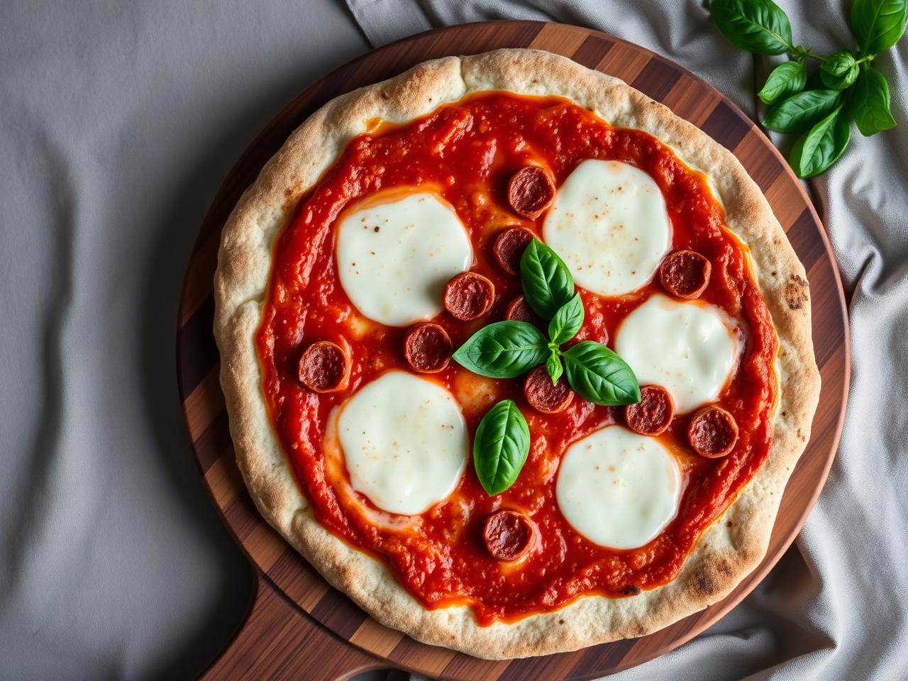 Hembakad LCHF pizza med mozzarella, tomat och basilika på träbräda