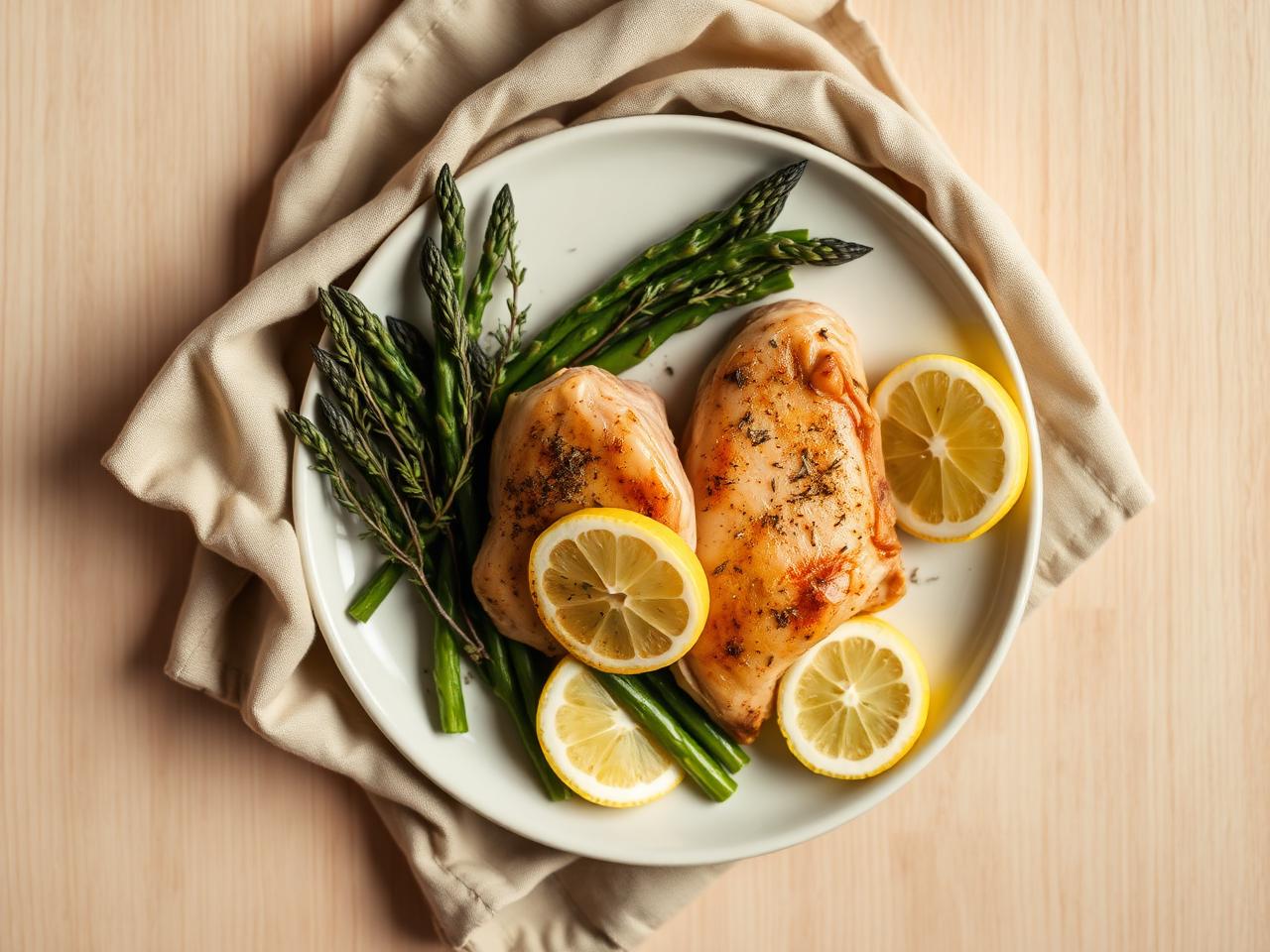 Citron- och timjankyckling med smörstekt sparris på vit tallrik – keto middag