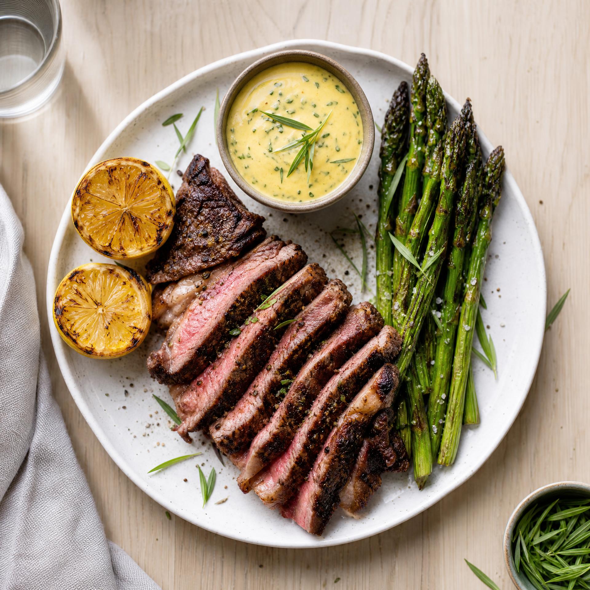 Grillad entrecôte i skivor med grön sparris, grillad citron och bearnaisesås på vit tallrik – keto middag