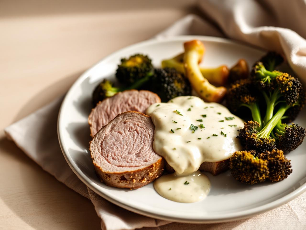 Skivad fläskfilé med krämig gorgonzolasås och smörstekt broccoli på vit tallrik