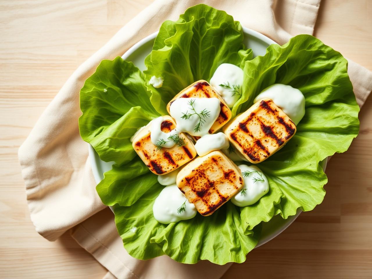 Grillad halloumi i salladsblad med tzatziki – vegetarisk keto lunch och LCHF