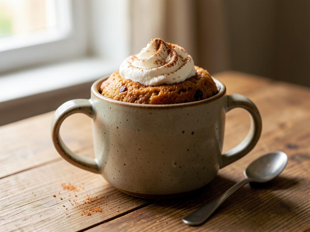 Keto äppelpaj-mugcake i mugg toppad med vispad grädde och kanel