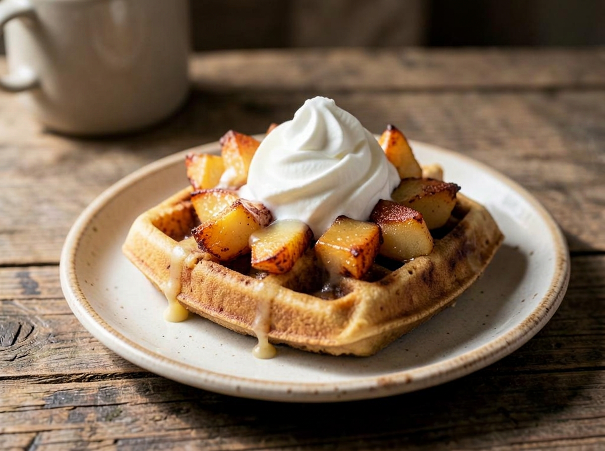 Keto kanelvåffla toppad med stekt kanel-zucchini och vispad grädde