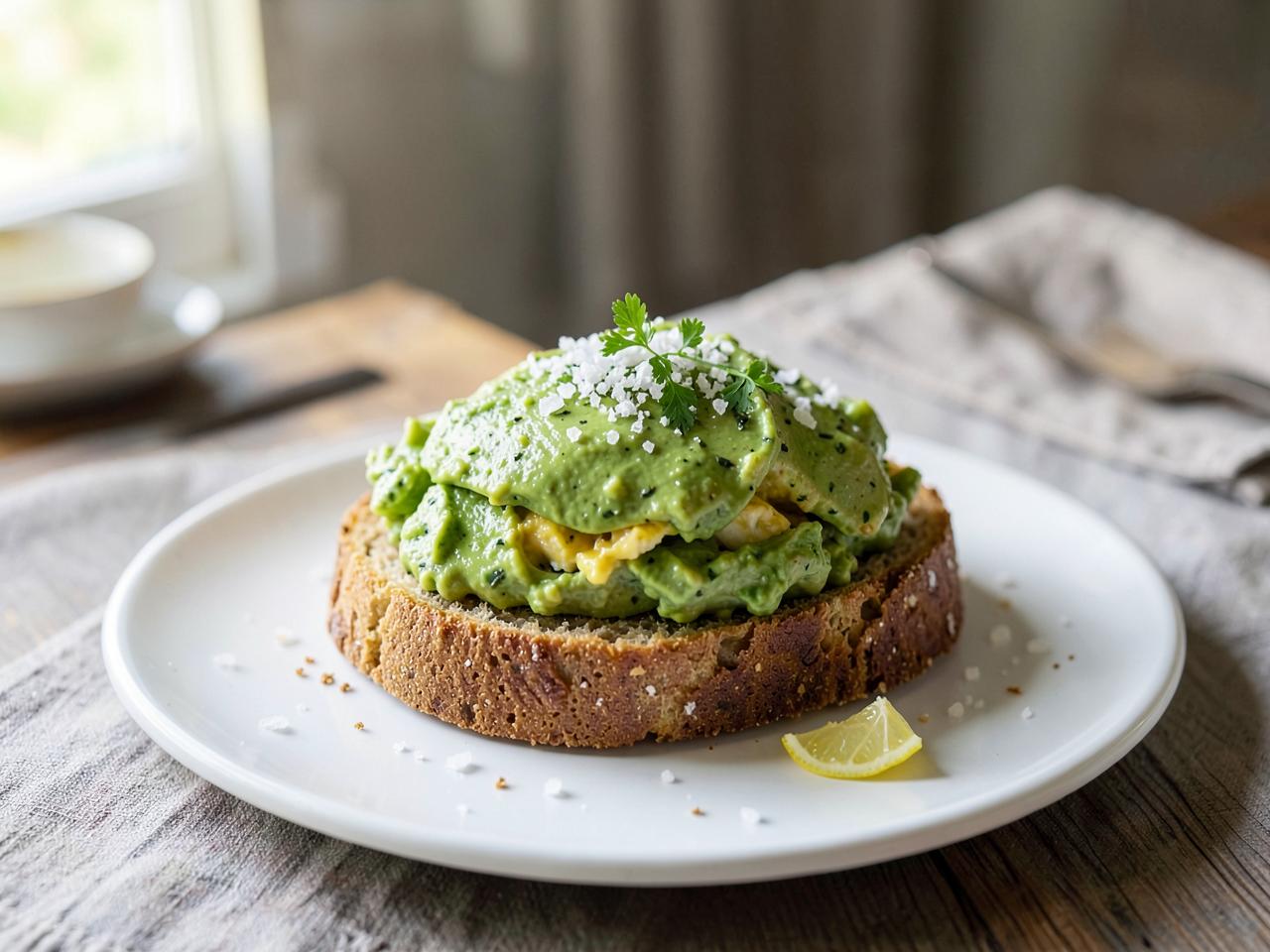 Keto avokado- och äggmacka på LCHF-bröd med flingsalt och citron