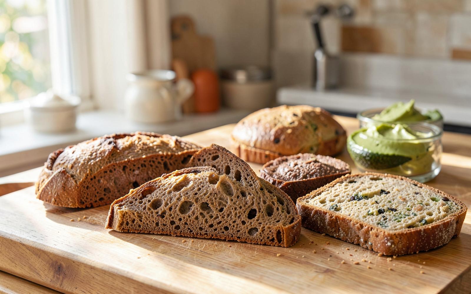 Keto bröd – frölimpa, frallor och knäckebröd på ljust träbord med smör och avokado