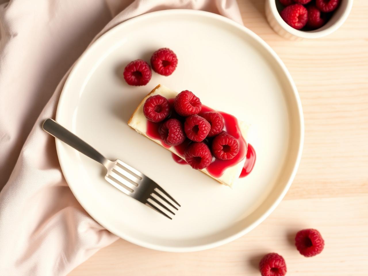 Sockerfri keto cheesecake med hallon på vit tallrik – LCHF dessert