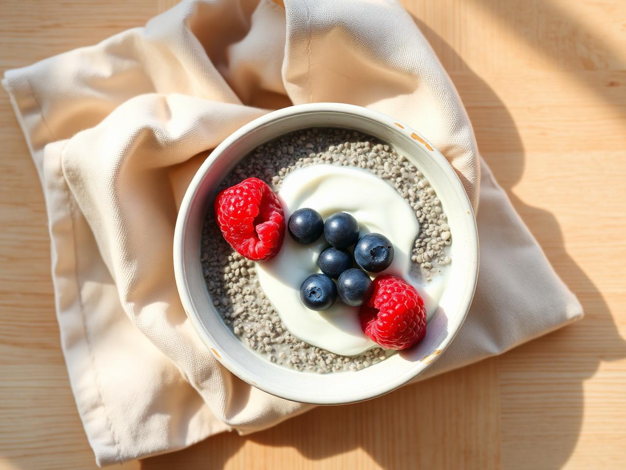 Keto chiapudding med kokos, hallon och blåbär i liten skål – LCHF frukost