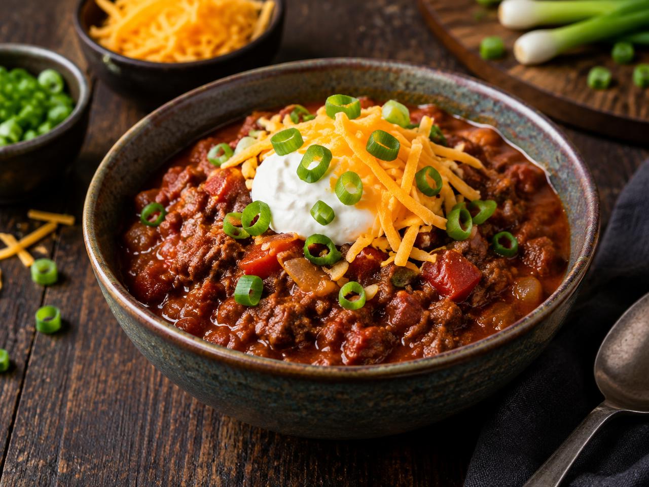 Skål med keto chili con carne utan bönor, toppad med gräddfil och ost