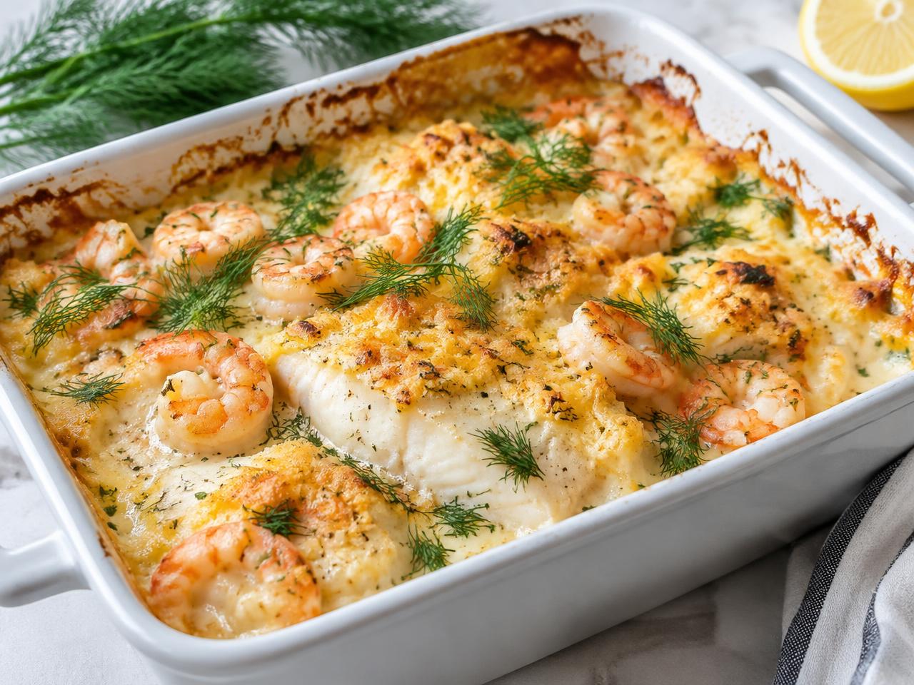 Keto fiskgratäng med räkor, dill och gyllene osttäcke