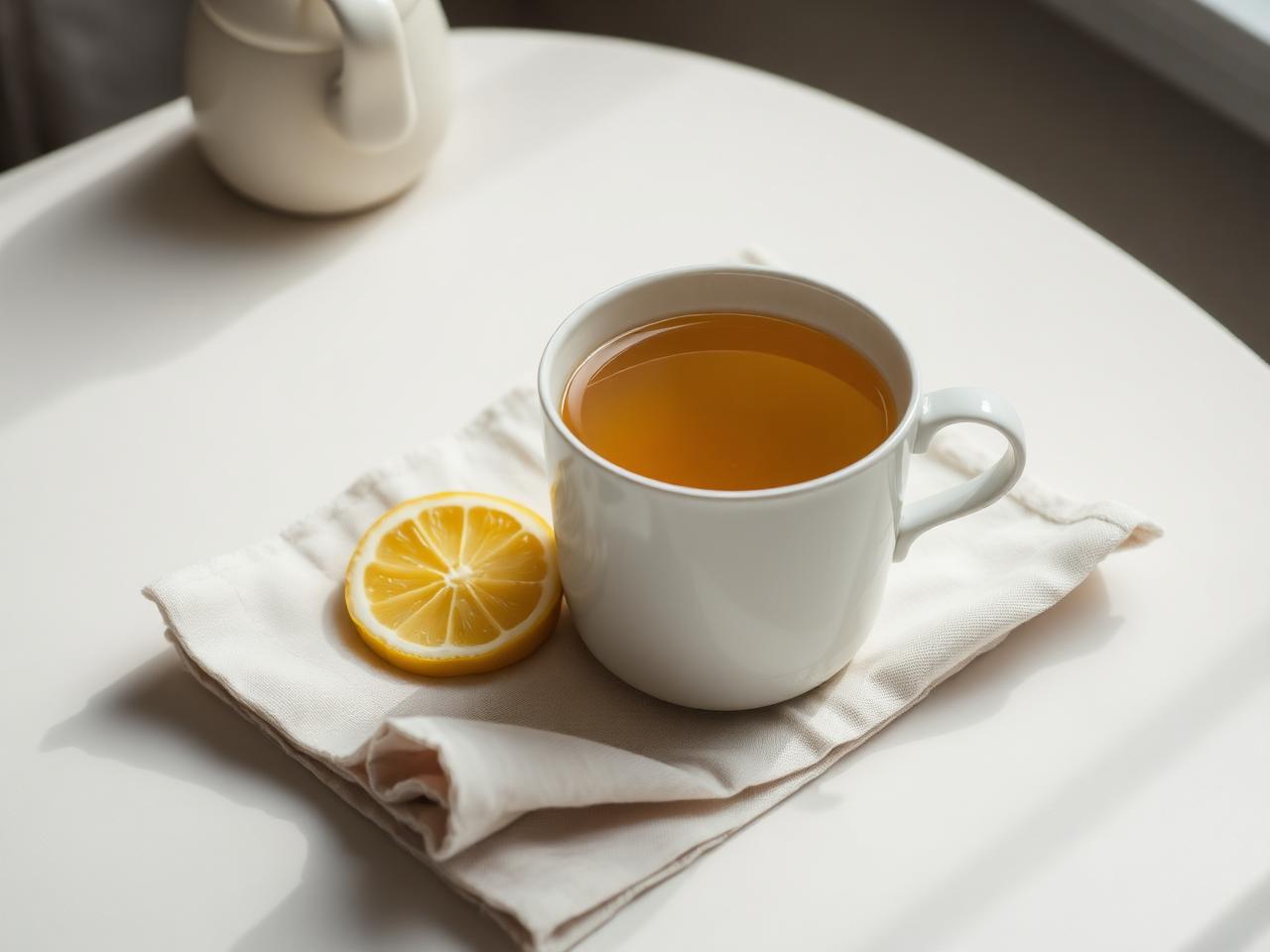 Kopp varm benbuljong med citron på linne