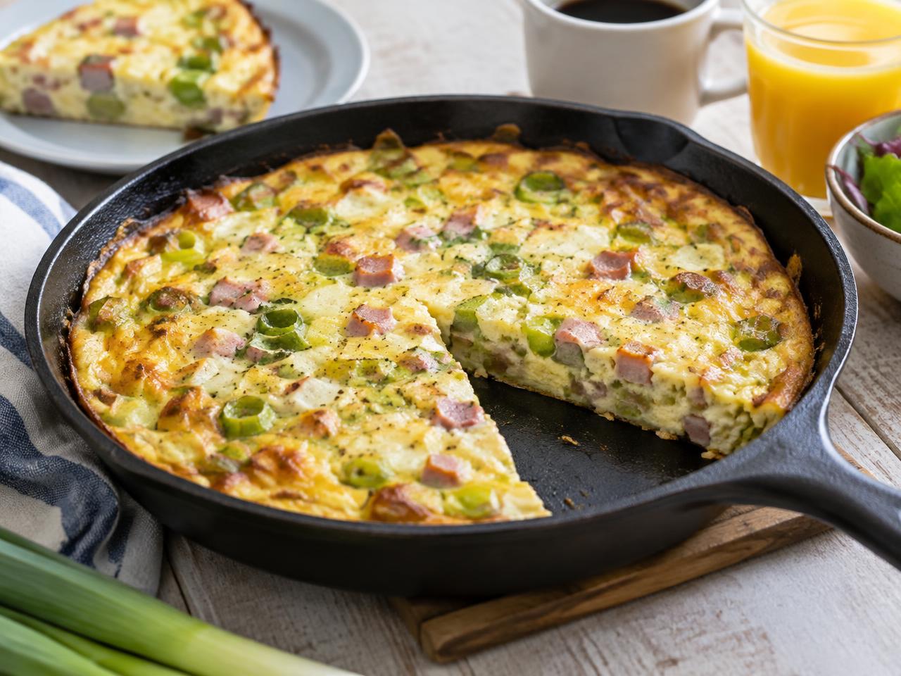 Krämig frittata med tärnad julskinka och purjolök i gjutjärnspanna