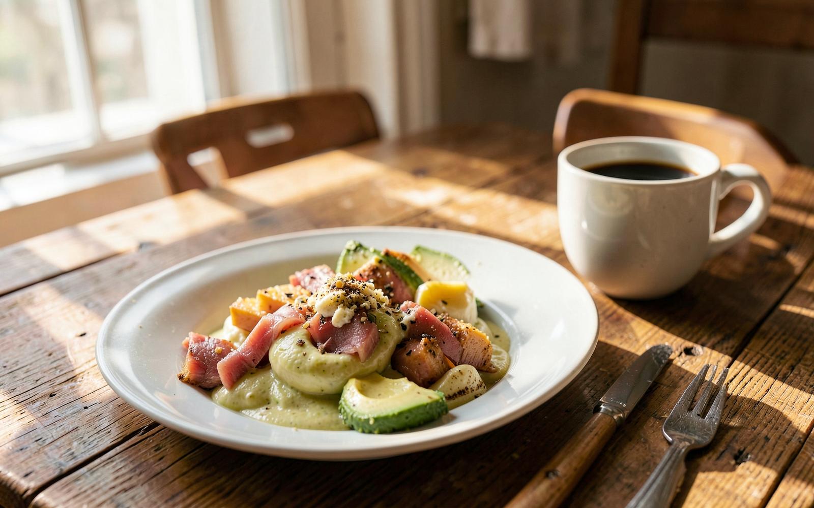 Keto frukost med äggröra, lax, avokado, smör och kaffe på ljust träbord