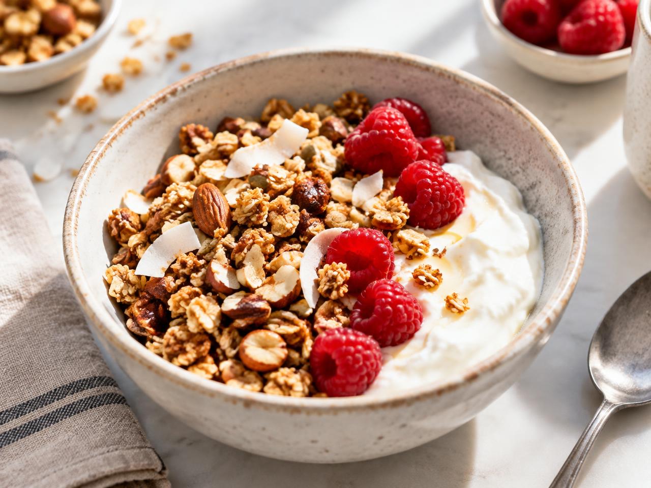 Skål med keto granola, nötter och kokos med yoghurt och hallon