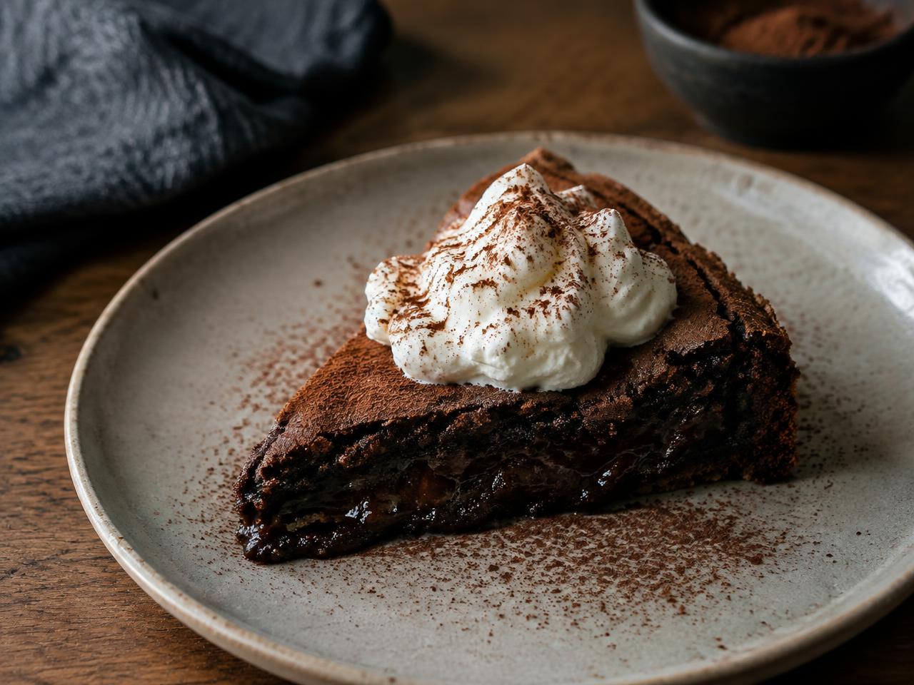 En bit mörk keto kladdkaka med vispad grädde och kakao