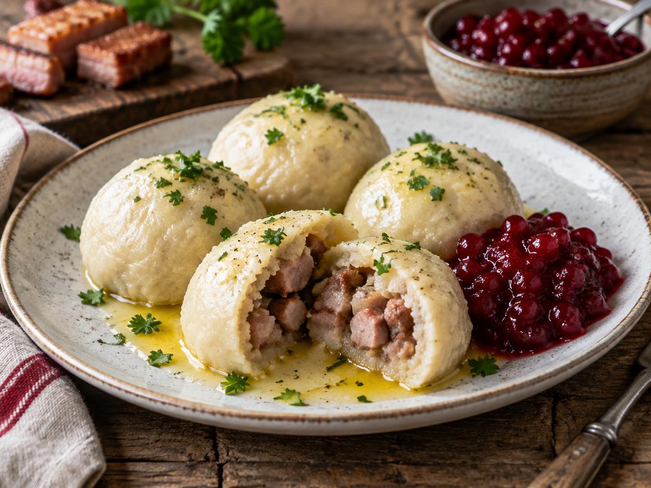 Keto kroppkakor fyllda med fläsk serverade med smält smör och lingon