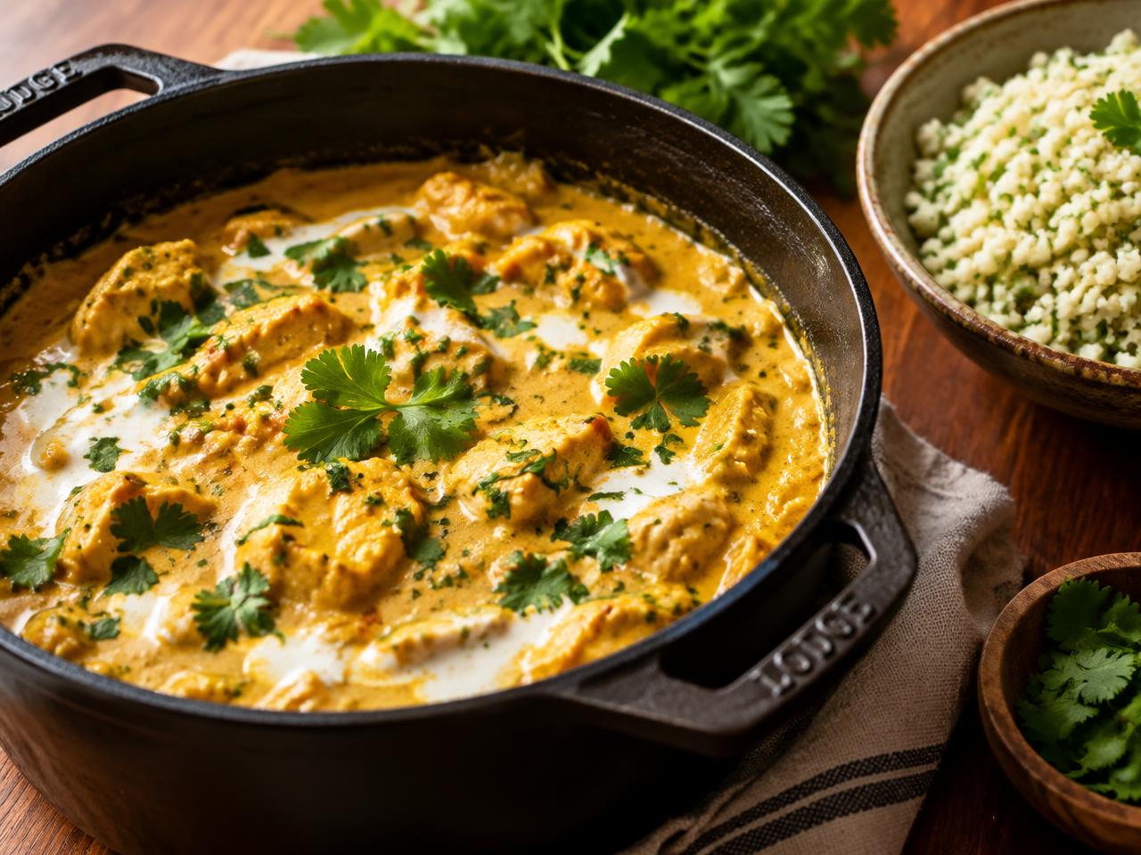 Krämig keto kycklinggryta med curry i gjutjärnsgryta med koriander
