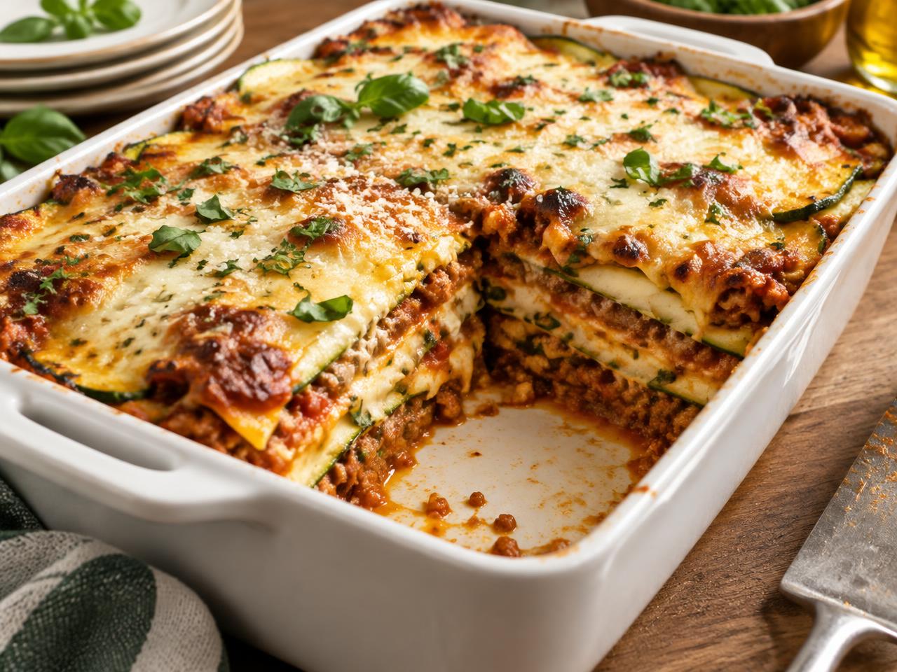Keto lasagne med lager av zucchini, köttfärssås och gyllene osttäcke