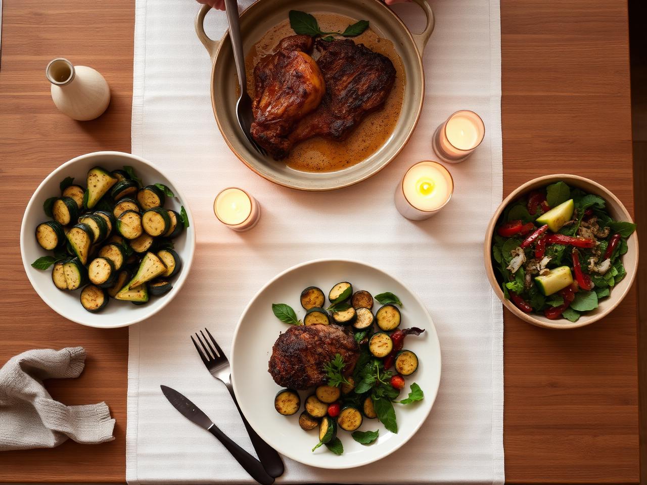 Familjevänlig keto middag med stekt kött, zucchini och sallad
