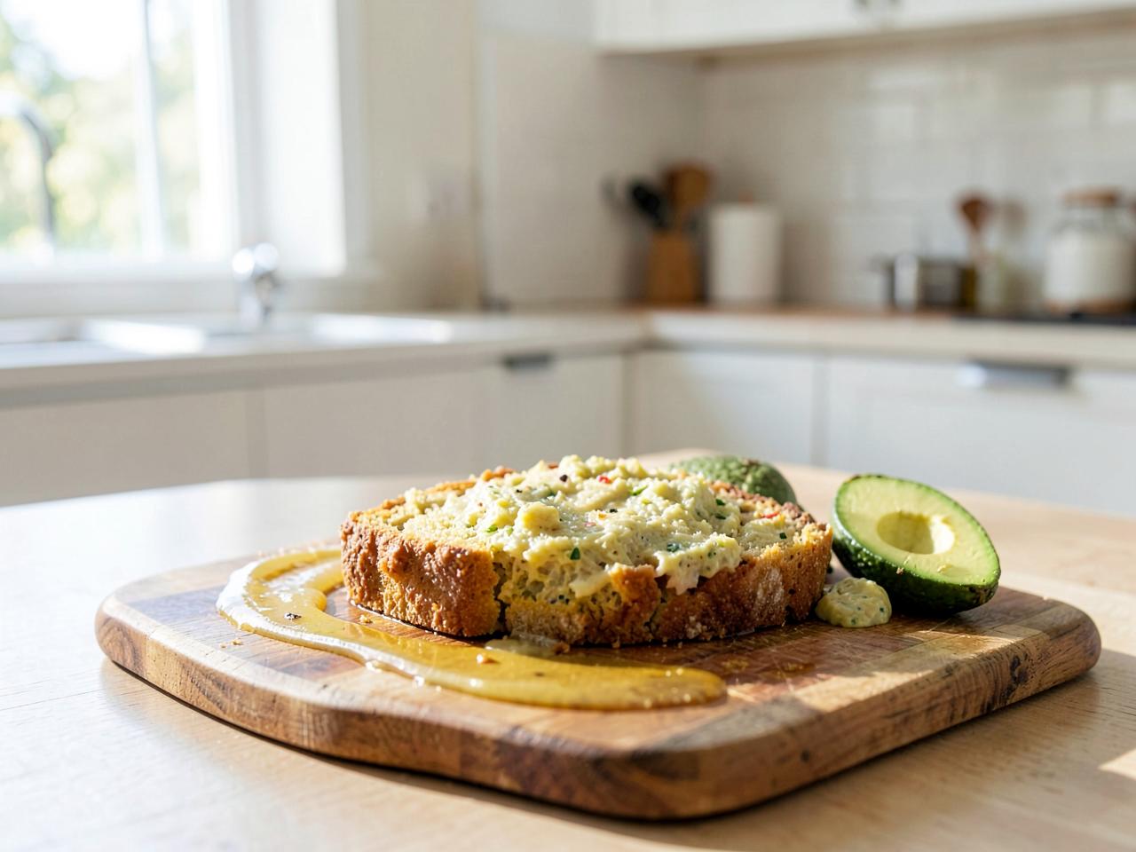 Keto mikrovågsbröd med ost på skärbräda med smör och avokado