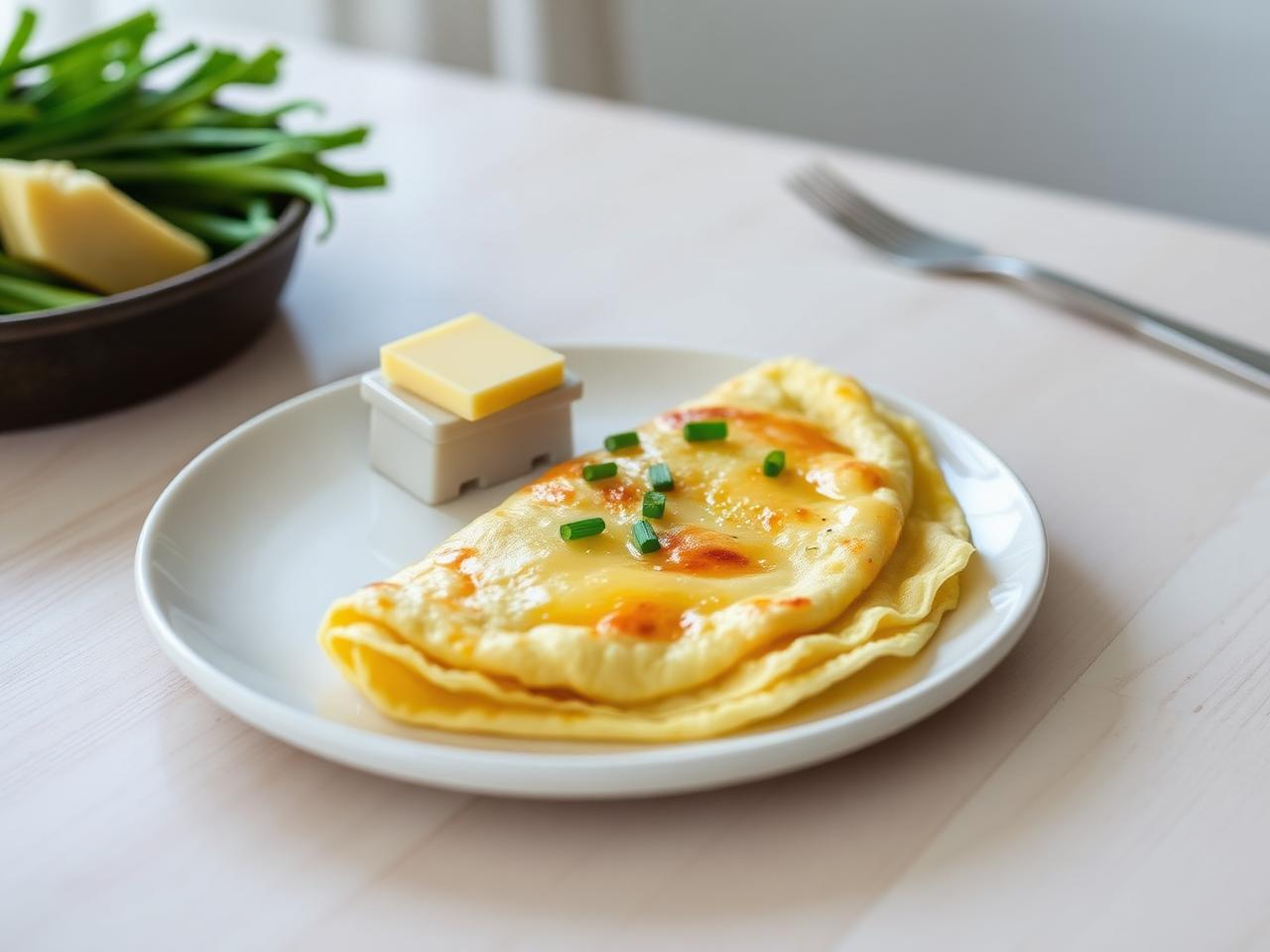 Fluffig keto omelett med smält lagrad ost och gräslök på vit tallrik