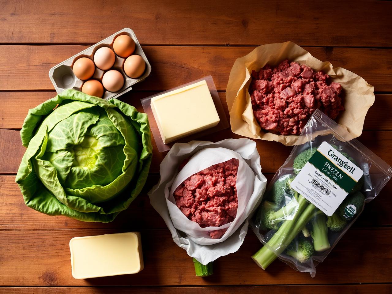 Ägg, smör, vitkål och köttfärs på rustikt bord