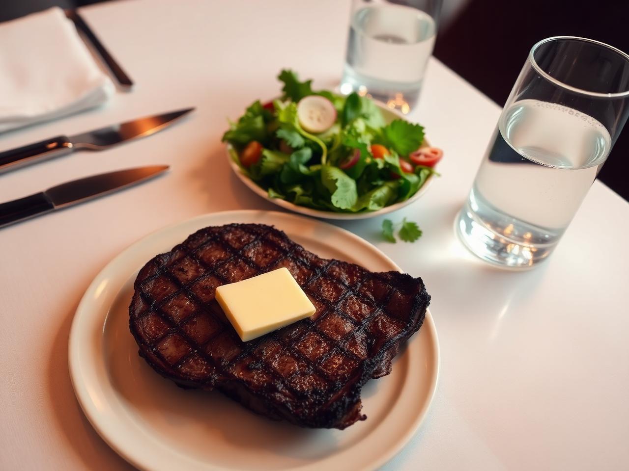 Restaurangbord med grillad biff, sallad och kolsyrat vatten