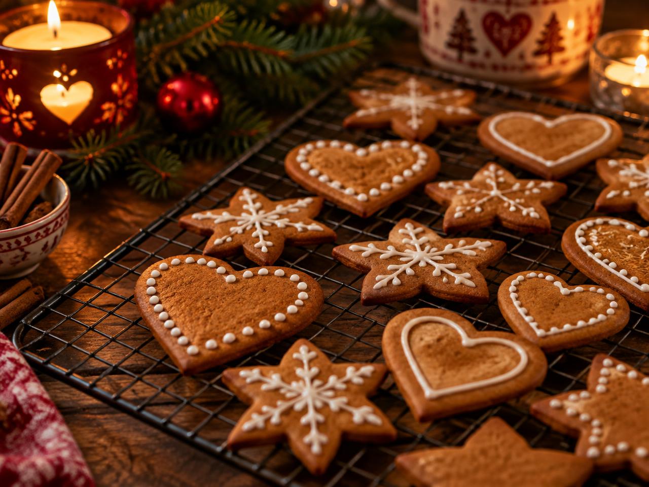 Keto pepparkakor formade som hjärtan och stjärnor på ett galler