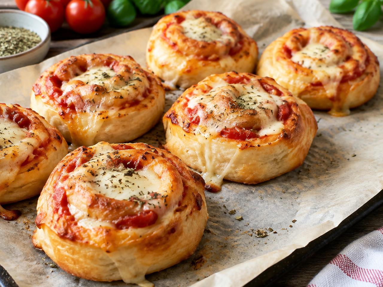 Gyllene keto pizzabullar med smält ost och oregano på bakplåtspapper
