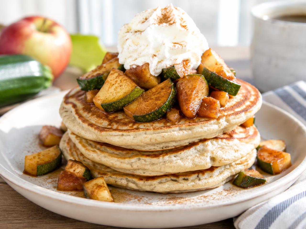 Stapel keto proteinpannkakor med kanelstekt zucchini och vispad grädde