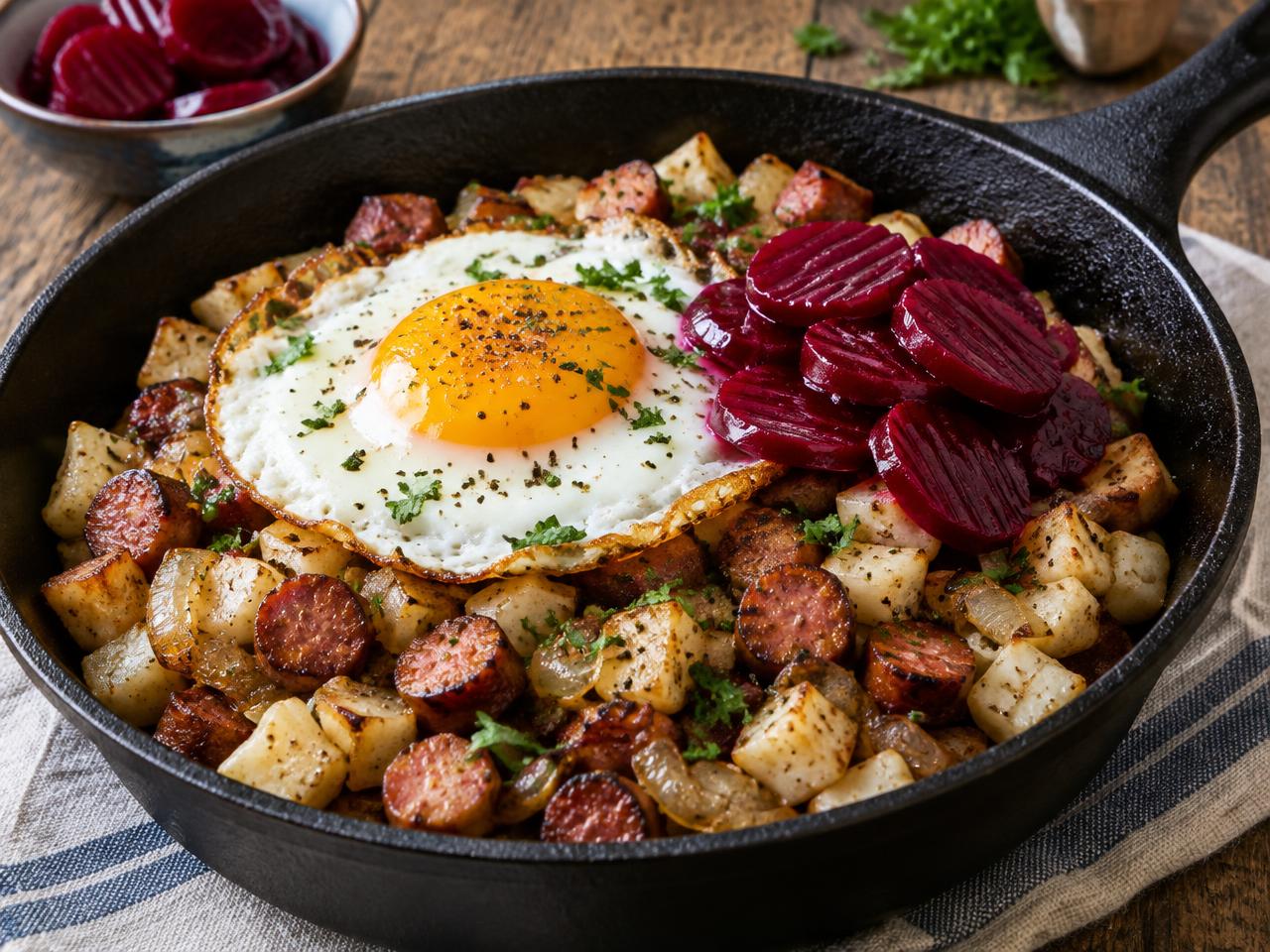 Keto pyttipanna med rotselleri, stekt ägg och rödbetor i gjutjärnspanna