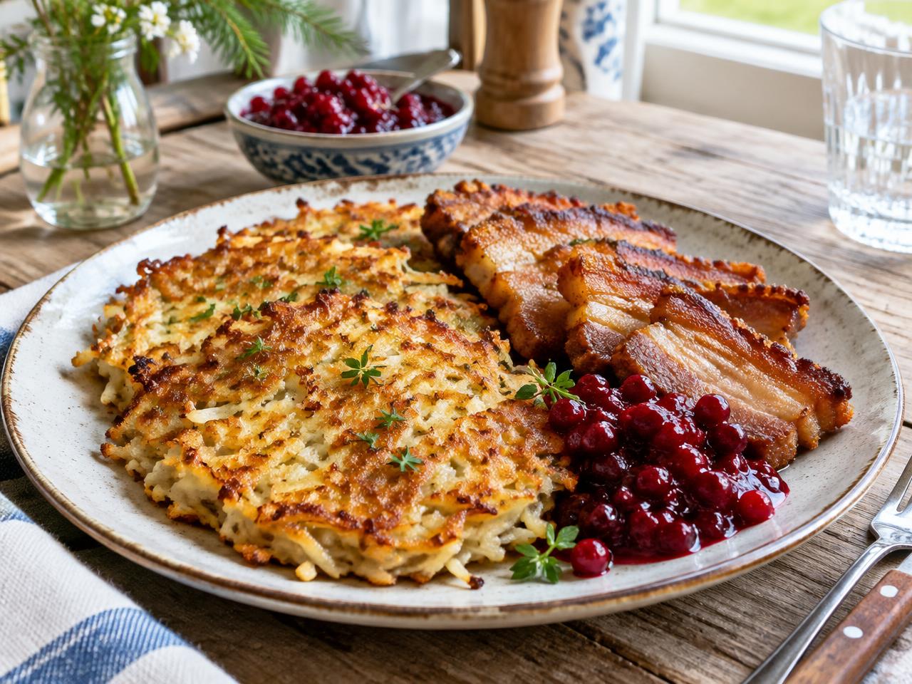Keto raggmunk av rotselleri med stekt fläsk och lingon på tallrik