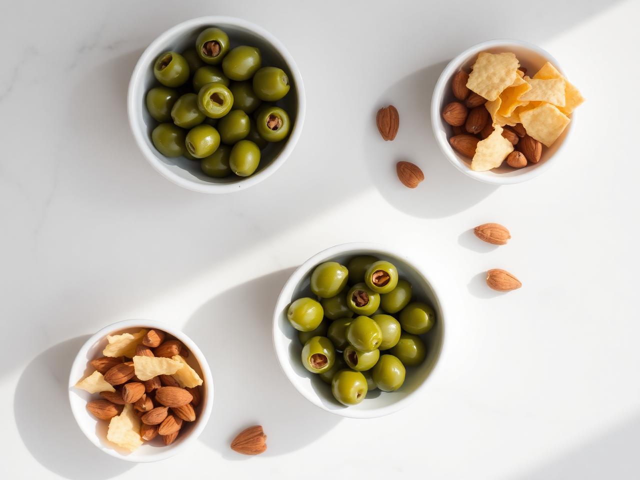 Skålar med oliver, ostchips och mandlar – keto snacks och LCHF-recept