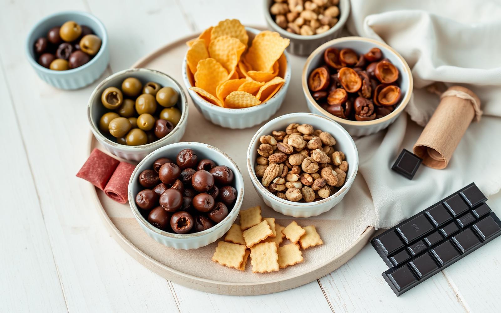 Keto snacks – oliver, ostchips, nötter, salamirullar och mörk choklad på ljust bord