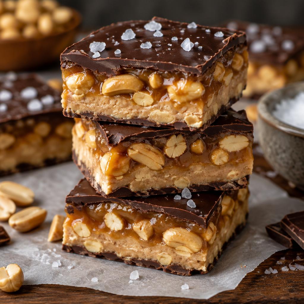 Staplade snickers-rutor med jordnötter, kola, mörk choklad och flingsalt