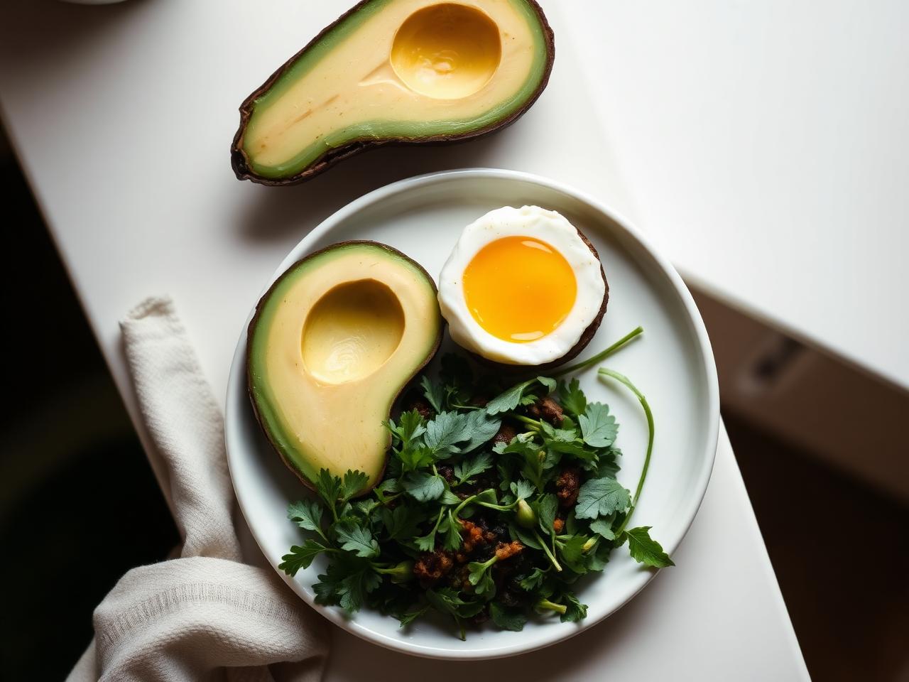 Keto-mat med avokado, ägg och grönsaker på vit tallrik