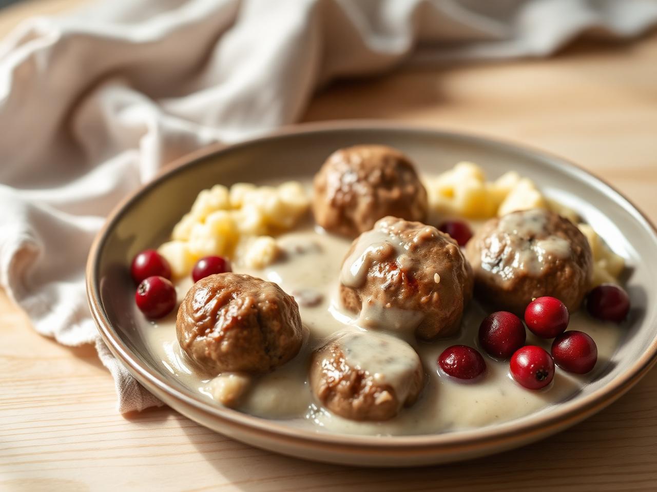 LCHF köttbullar i gräddsås med blomkålsmos och lingon på tallrik