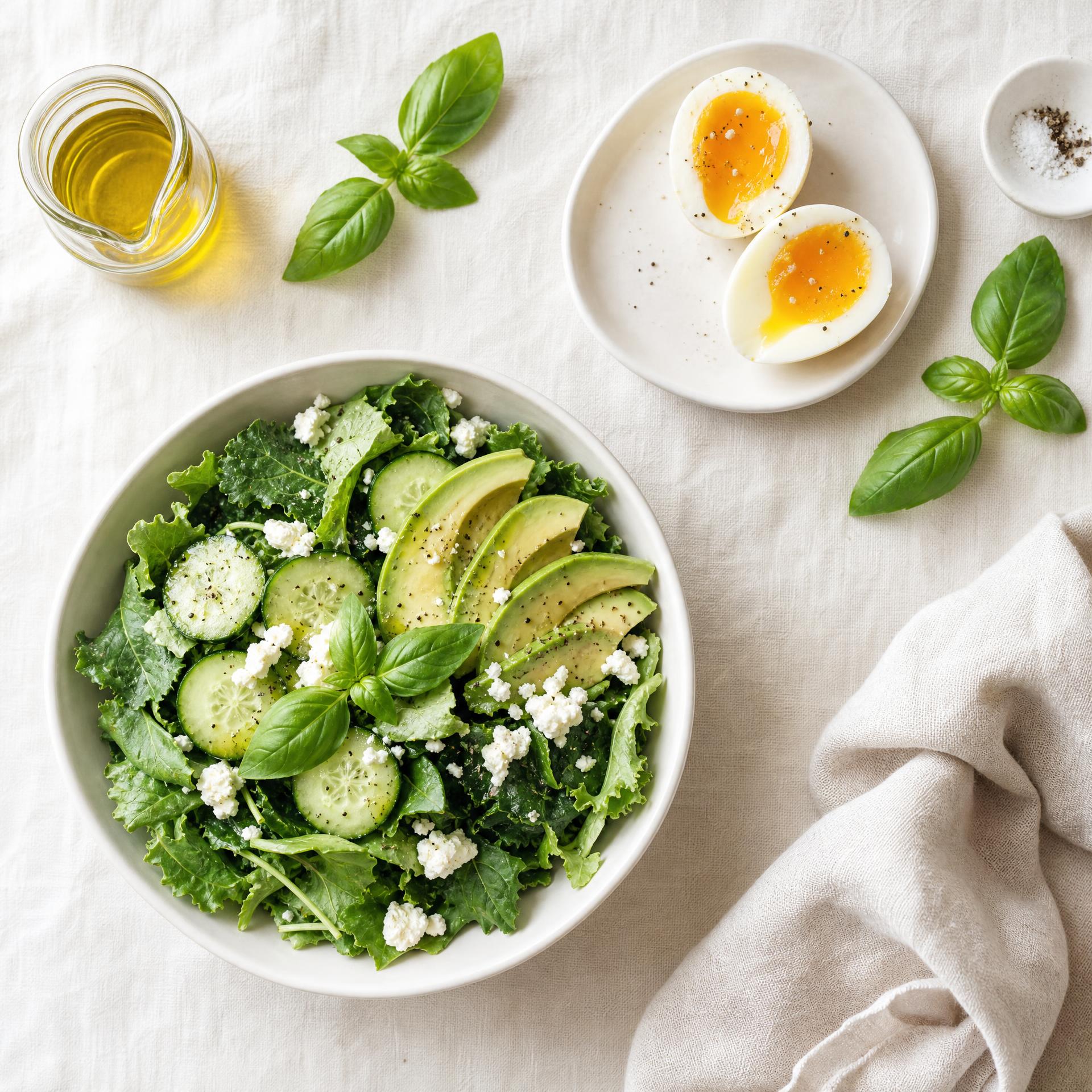 Kraftig keto-frukostsallad med grönkål, avokado och två halverade kokta ägg på ljus linneduk