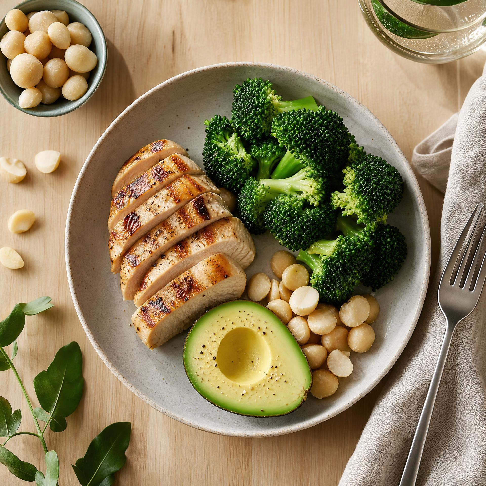 Keto kycklingbowl med grillad kyckling, broccoli, avokado och macadamianötter på ljus tallrik