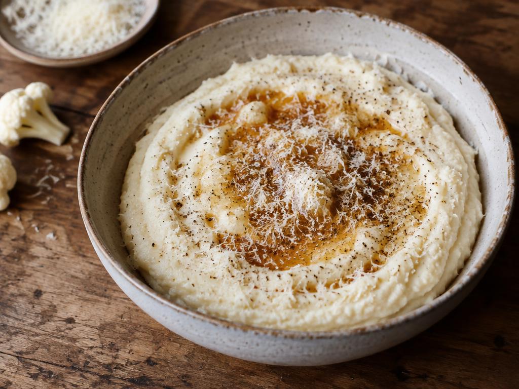 Krämigt LCHF blomkålsmos med brynt smör och riven parmesan i keramikskål