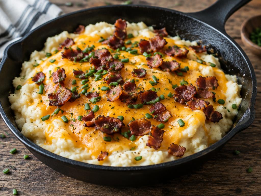 Blomkålsmos med smält cheddar, krispig bacon och gräslök i gjutjärnspanna
