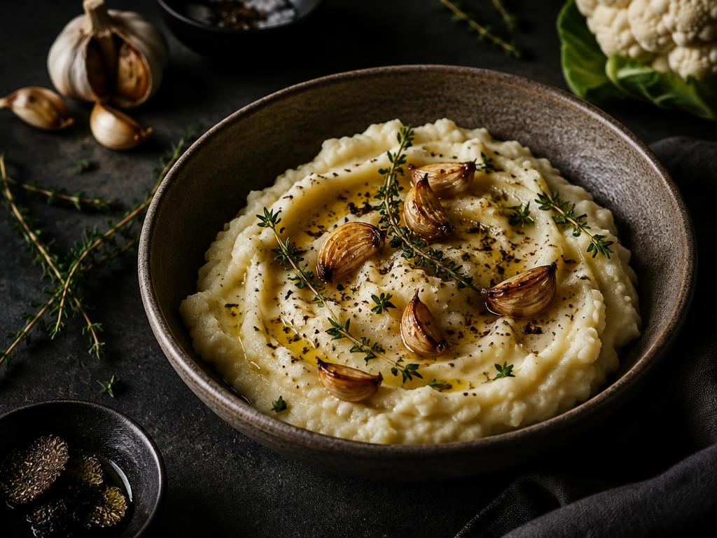 Blomkålsmos med rostad vitlök, timjan och tryffelolja