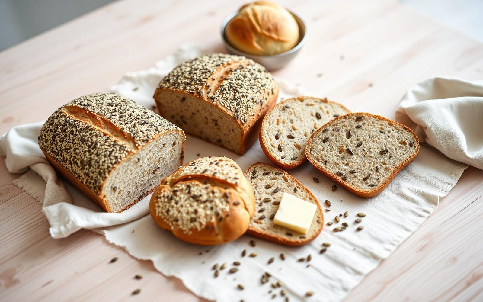 LCHF bröd – frölimpa, frallor och knäckebröd på ljust träbord med smör