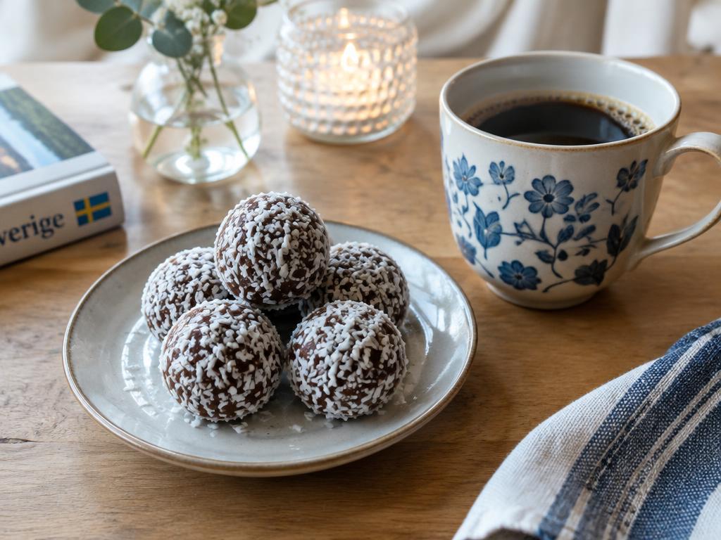 Sockerfria chokladbollar rullade i kokos på assiett bredvid kaffekopp