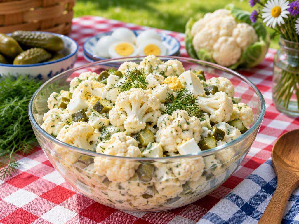 Falsk potatissallad med blomkål, ägg och dill i glasskål på picknickbord