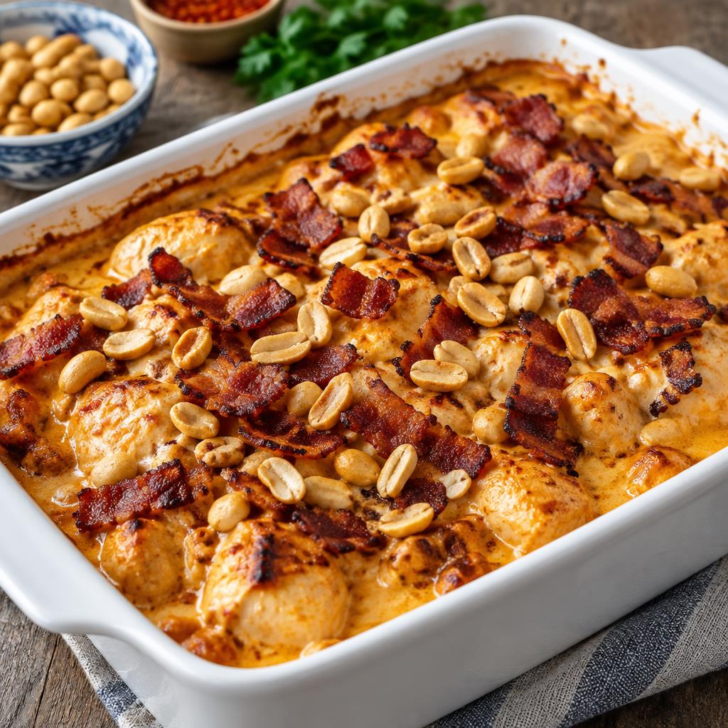 Flygande Jacob i ugnsform med kyckling, krämig chilisås, bacon och jordnötter