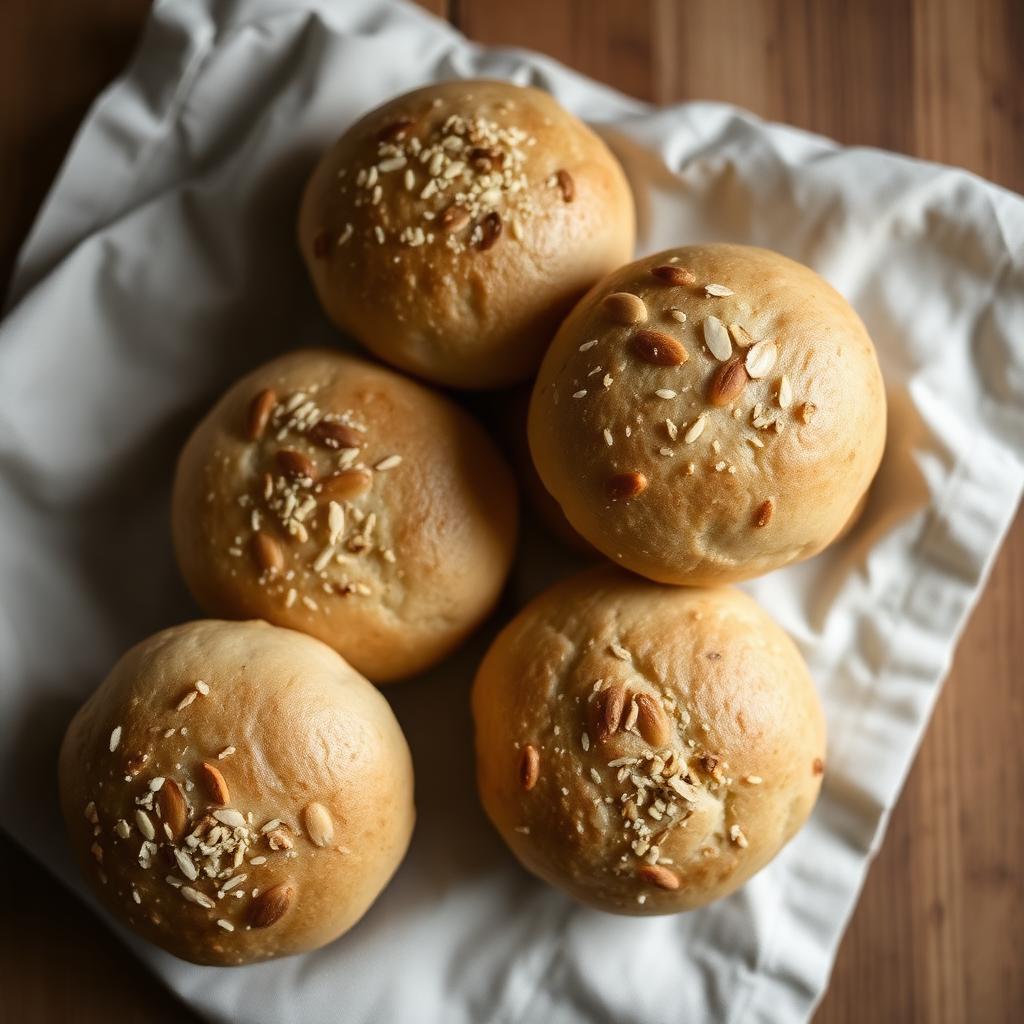 Hembakade LCHF frallor med mandelmjöl och frön på linneduk – keto bröd recept