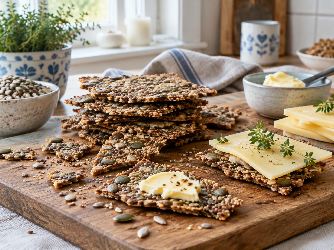LCHF fröknäcke med pumpafrön och sesamfrön staplat på träbräda med smör och ost