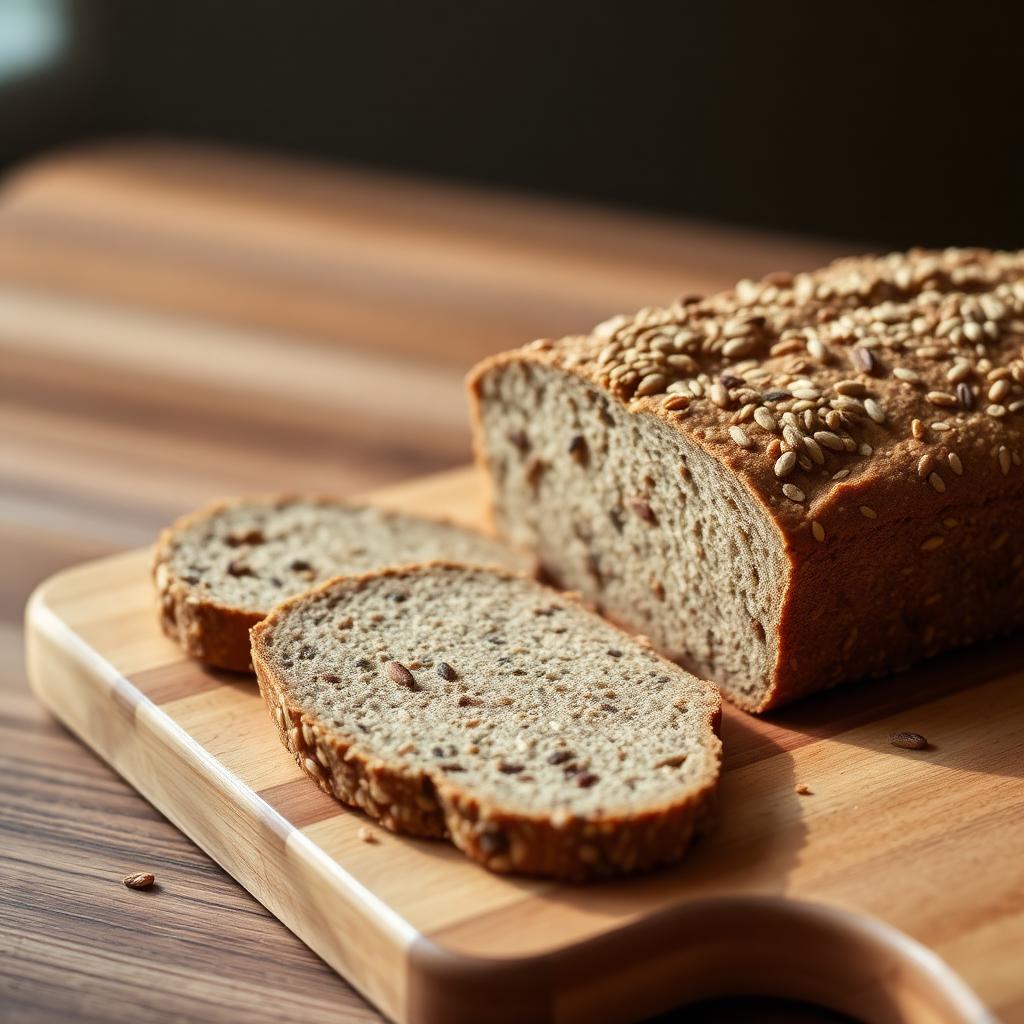 Saftig LCHF frölimpa med psyllium och solrosfrön i skivor på skärbräda – keto bröd recept